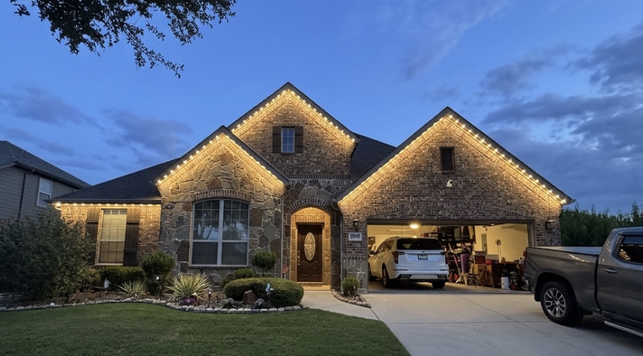 The same brick-and-stone home at dusk with warm-white permanent LED lights behind the fascia along the gables and eaves
