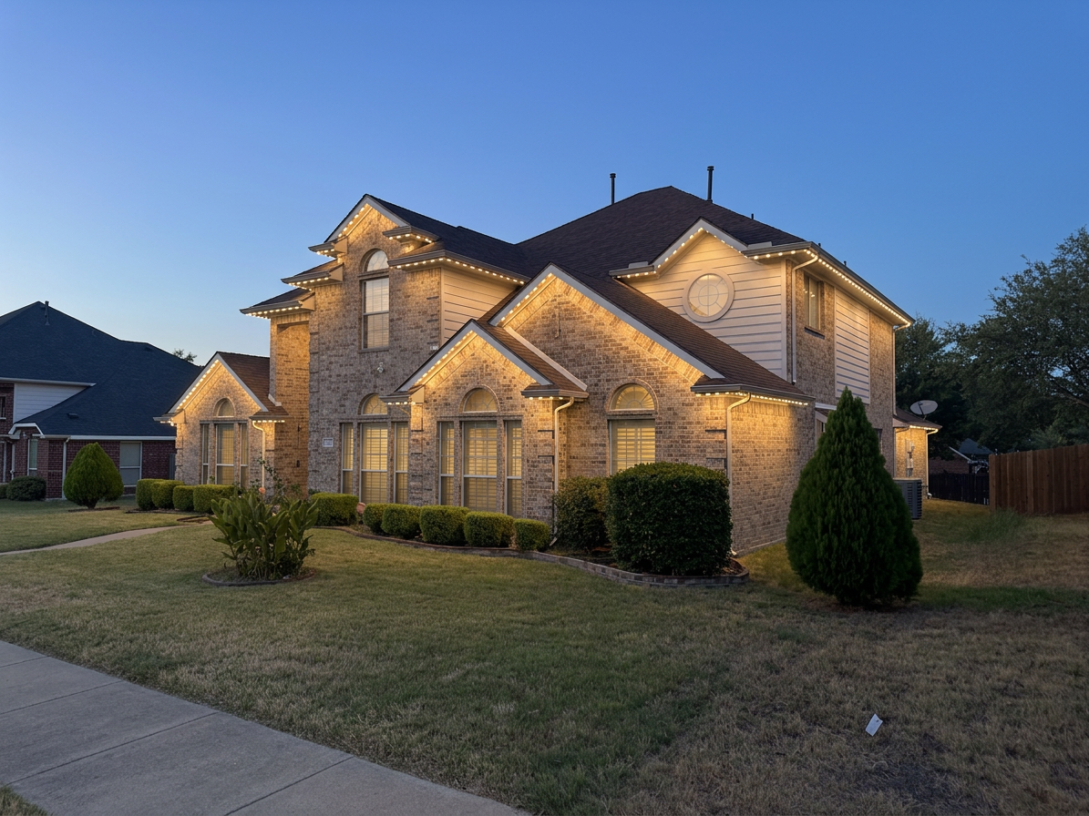 The same two-story brick home at dusk with warm-white permanent lights mounted discreetly behind the fascia