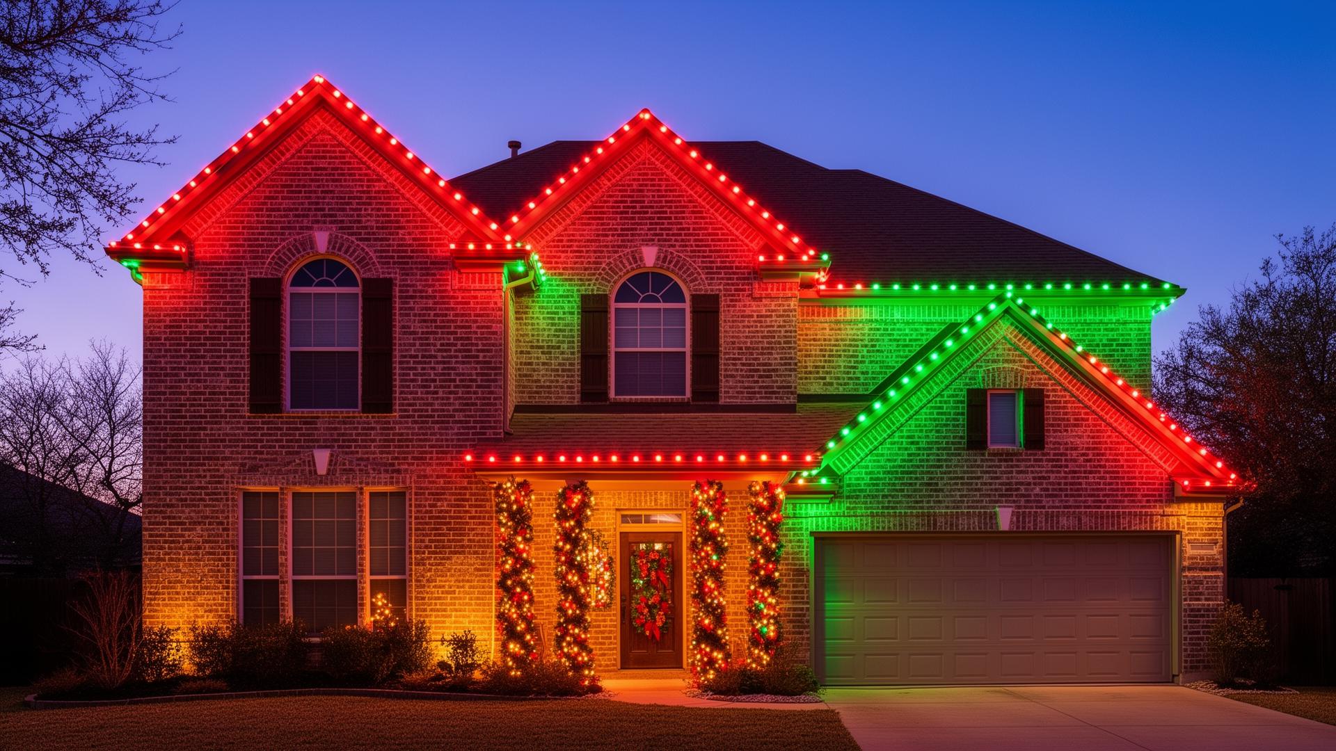 The same two-story DFW brick home outlined in vivid red and green permanent RGBW Christmas lighting along every roofline, gable and entry, with lit garland on the columns