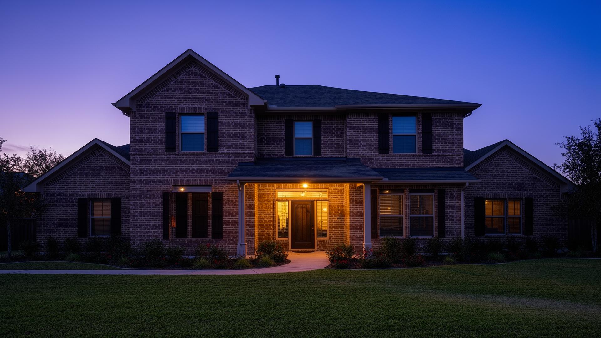 Two-story DFW brick home at twilight with porch light only and no permanent Christmas lighting installed