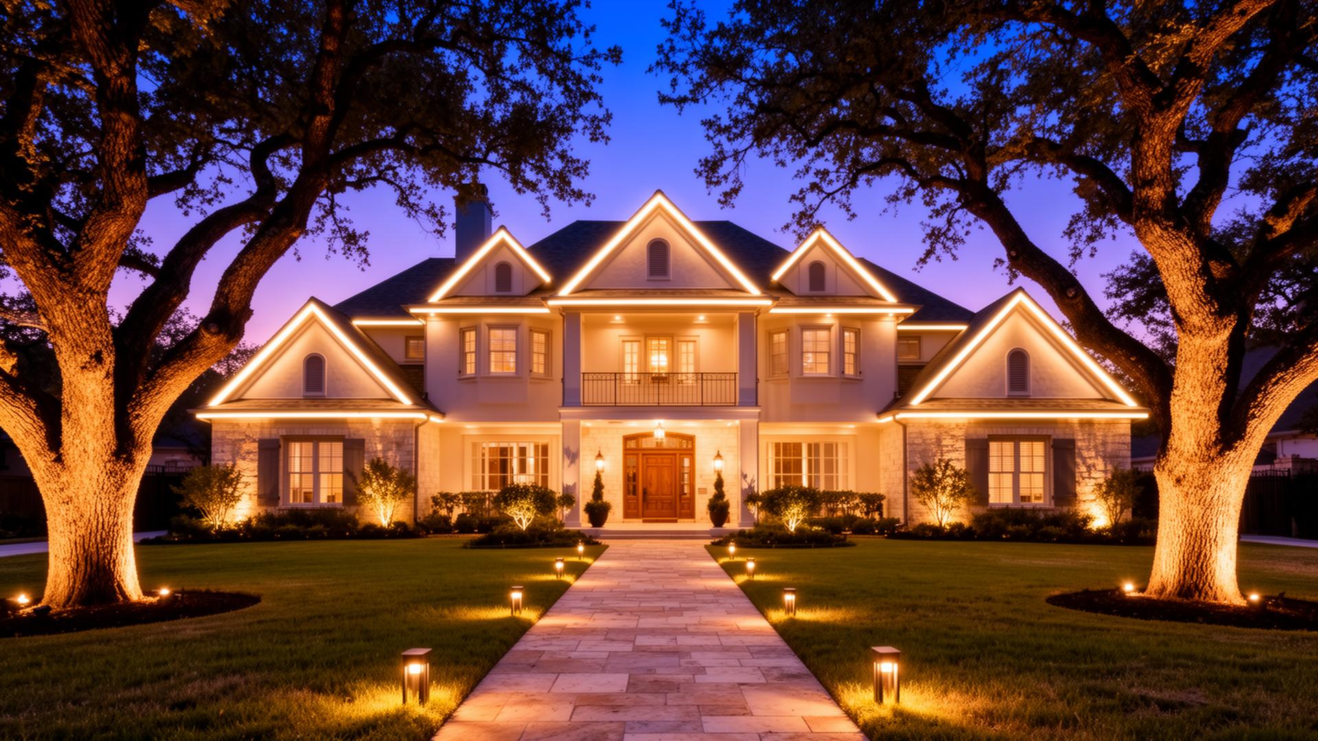 The same Texas estate at twilight with warm-white permanent LED roofline lighting tracing every gable and dormer, dramatic uplighting on the mature oak trees, and a lit flagstone walkway with path lights