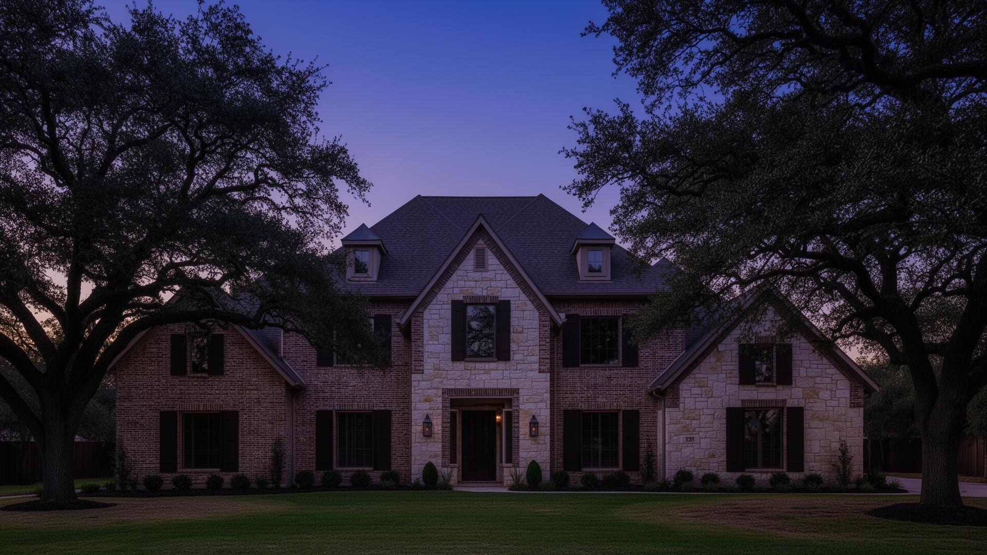 Two-story Texas brick and stone estate at twilight with no permanent roofline lighting and no landscape uplighting on the mature oak trees
