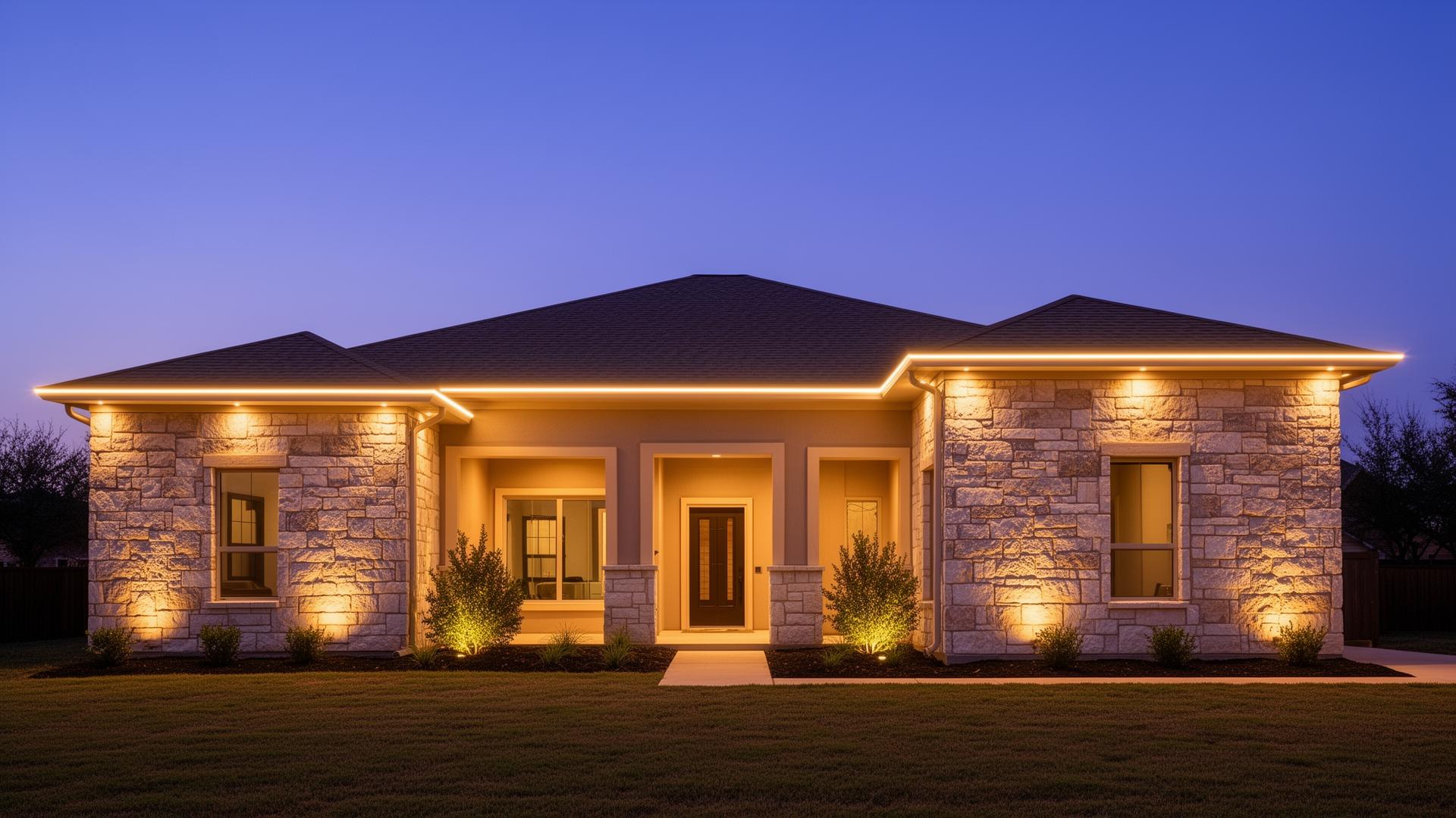 The same single-story Texas stone-and-stucco home at twilight outlined in elegant warm-white permanent LED roofline lighting with subtle landscape uplighting on the front shrubs