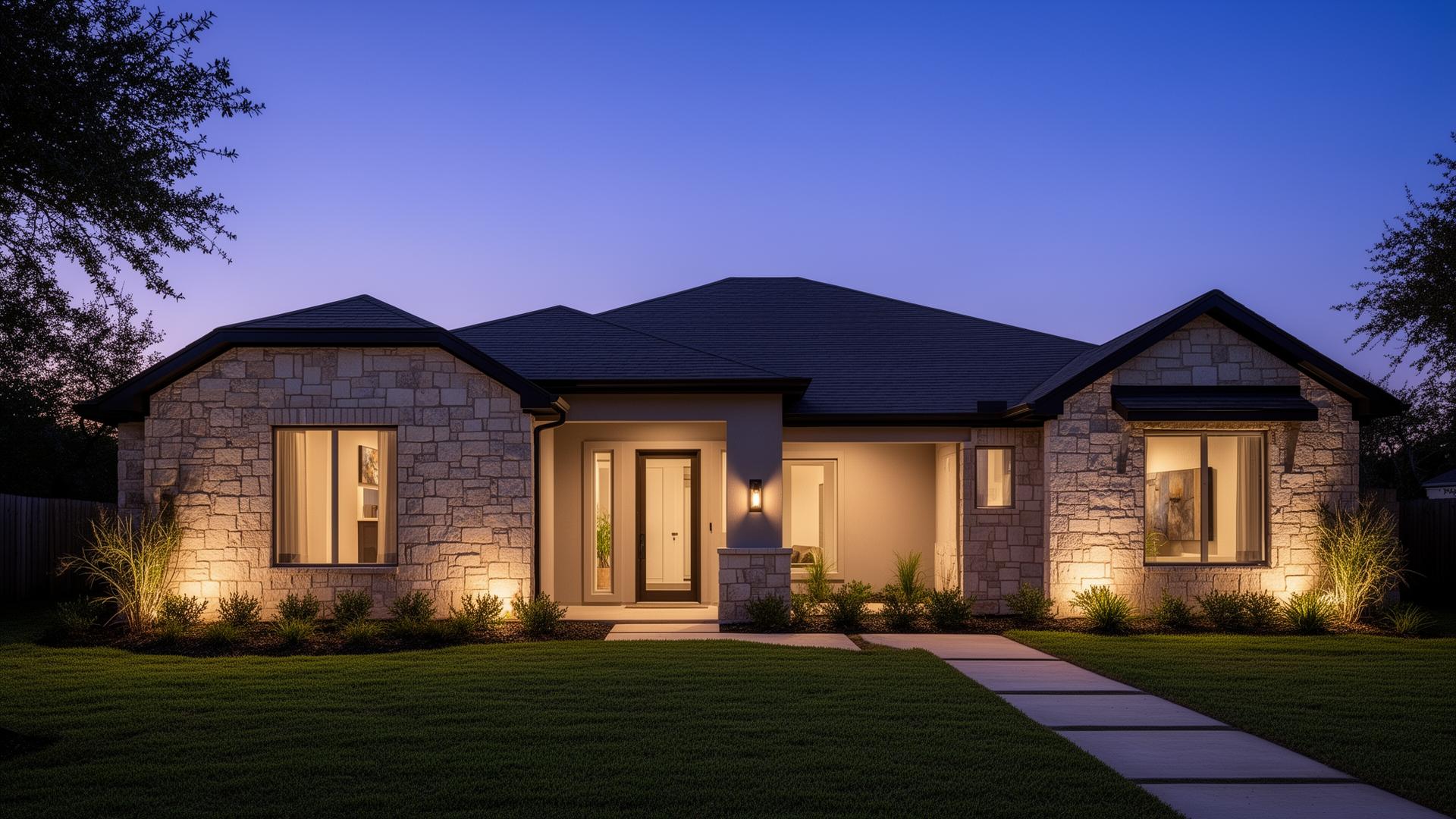 Single-story modern Texas stone-and-stucco home at twilight with no permanent roofline lighting installed