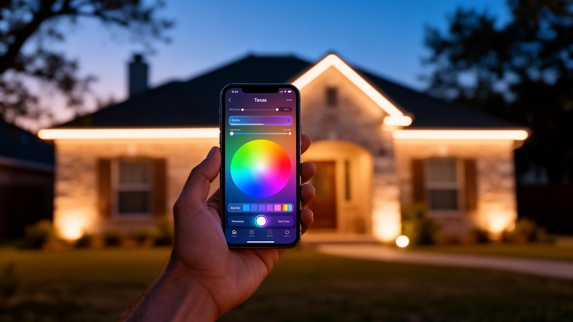 Smartphone showing the Surplife app controlling permanent holiday lighting