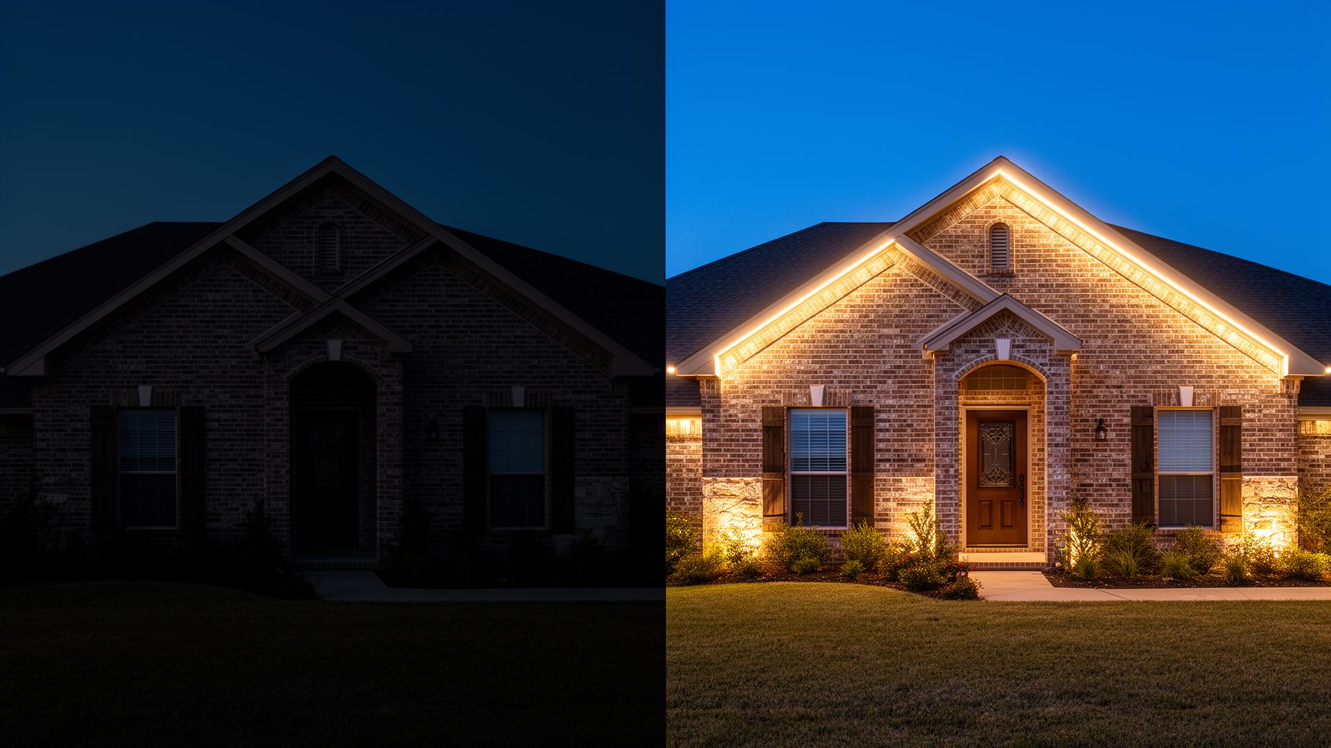 Side-by-side before and after of a DFW home with permanent holiday lighting