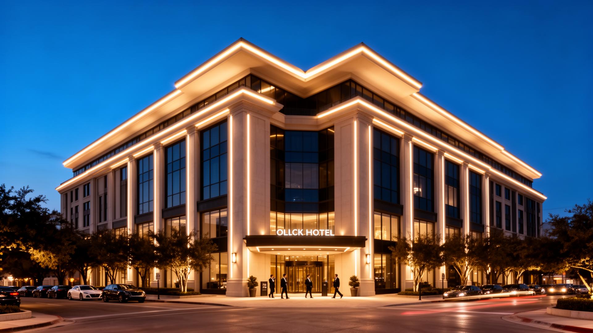 DFW retail center with permanent commercial façade lighting at night