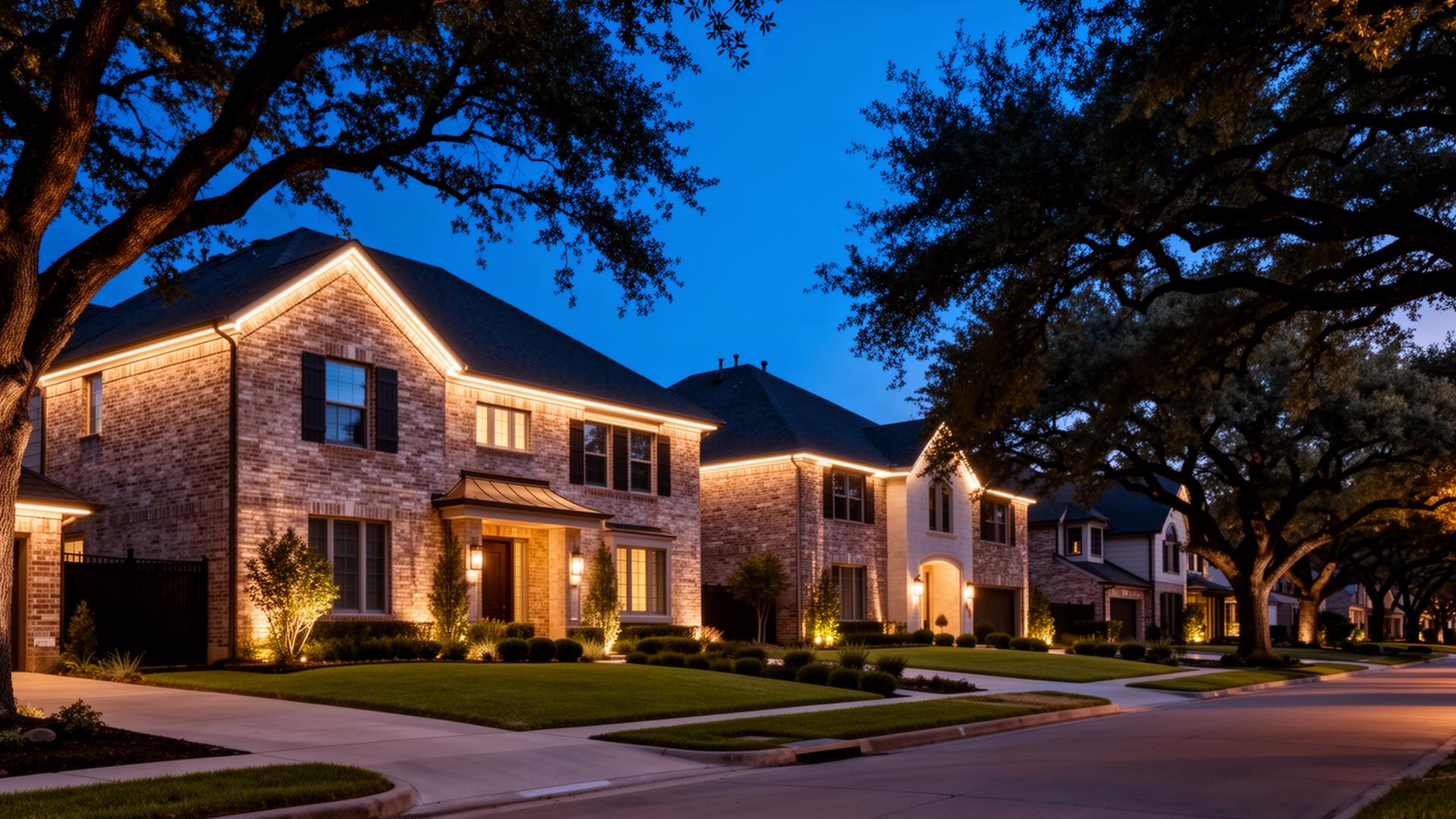 Upscale DFW HOA neighborhood with subtle permanent lighting