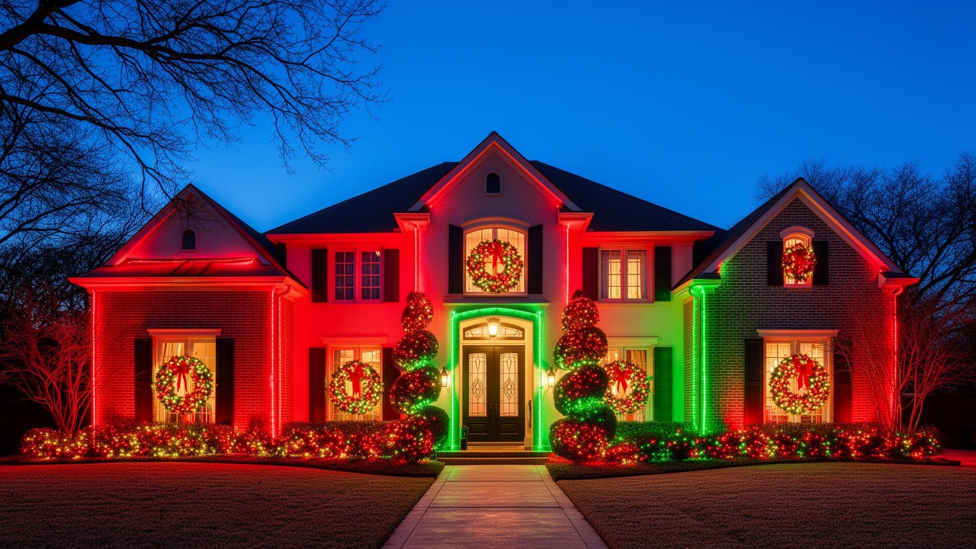 Brick home with warm white permanent accent lighting