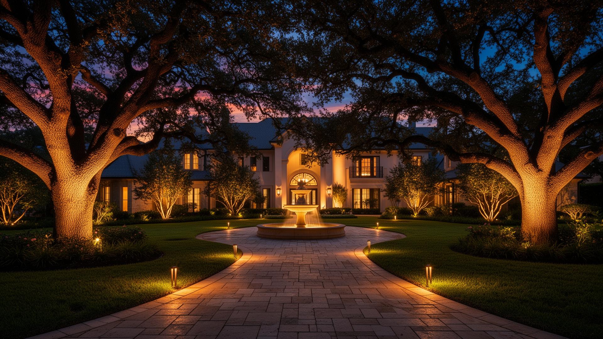 DFW backyard with layered landscape lighting at twilight