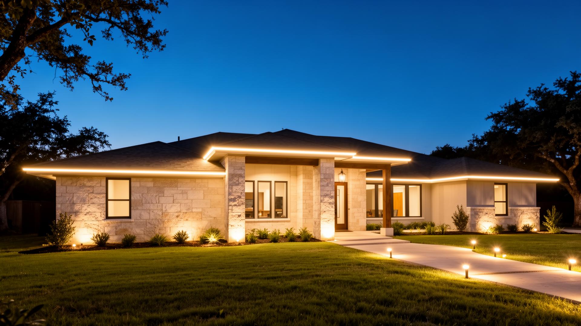 DFW one-story brick ranch home outlined in warm white permanent holiday lighting at dusk