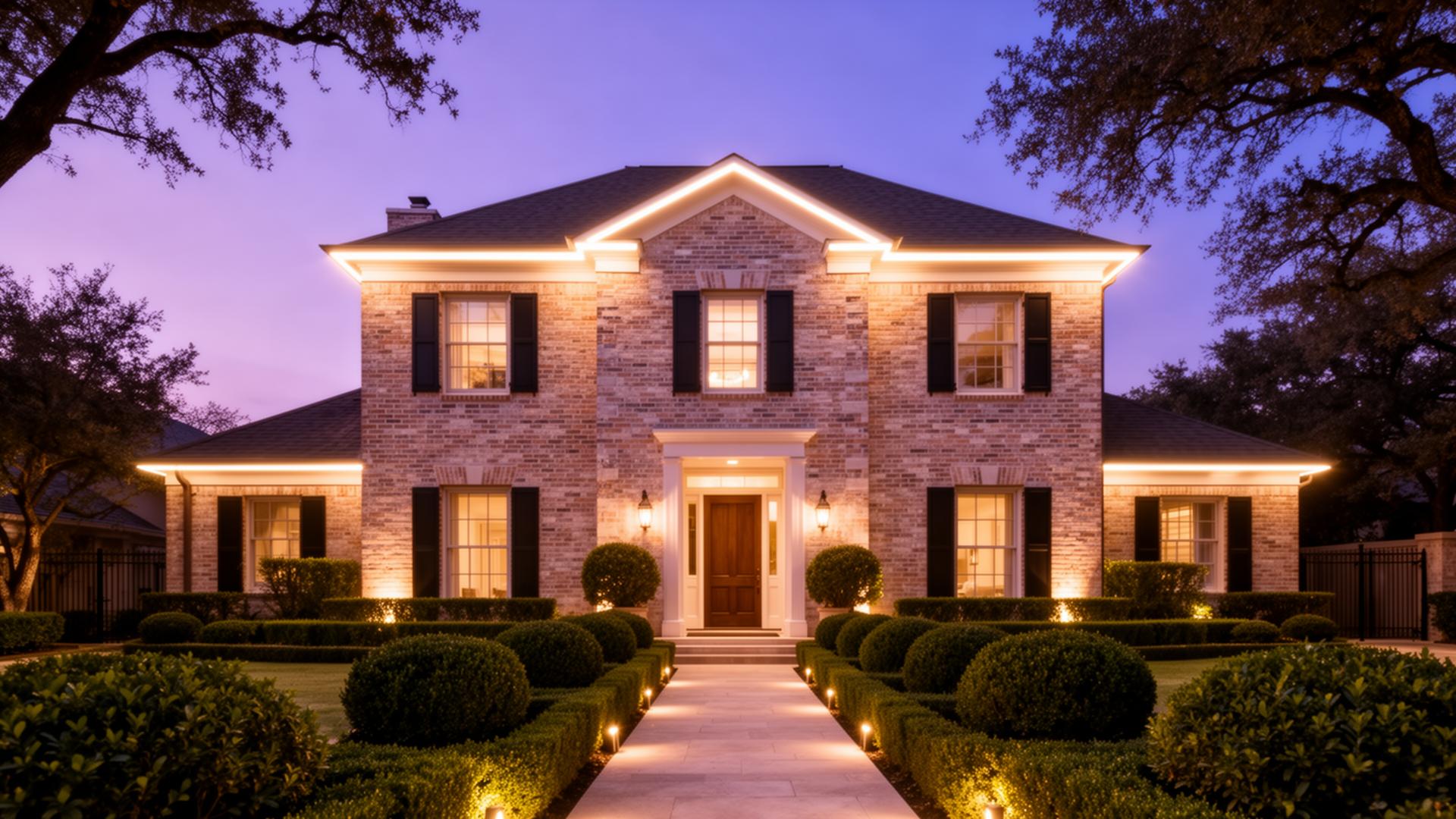 DFW one-story home outlined in permanent holiday lighting at twilight