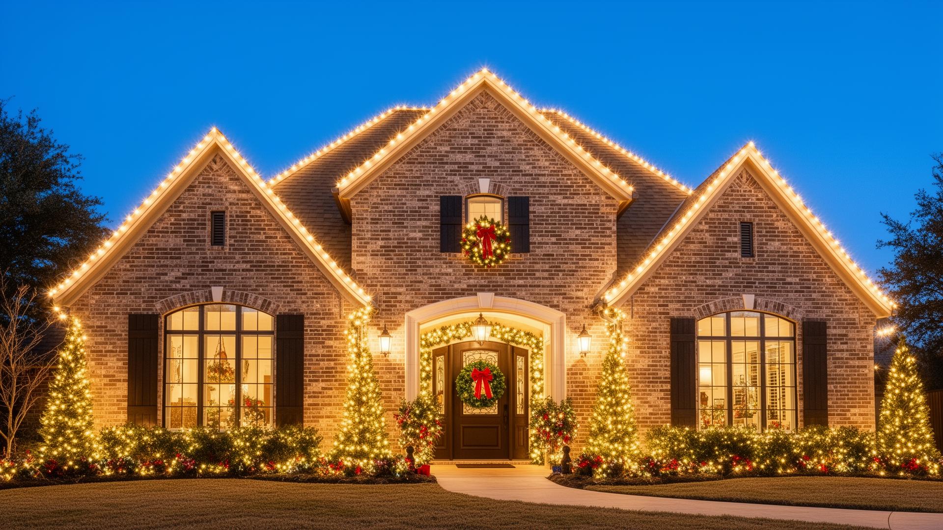 Two-story brick home outlined in red and green permanent Christmas lighting