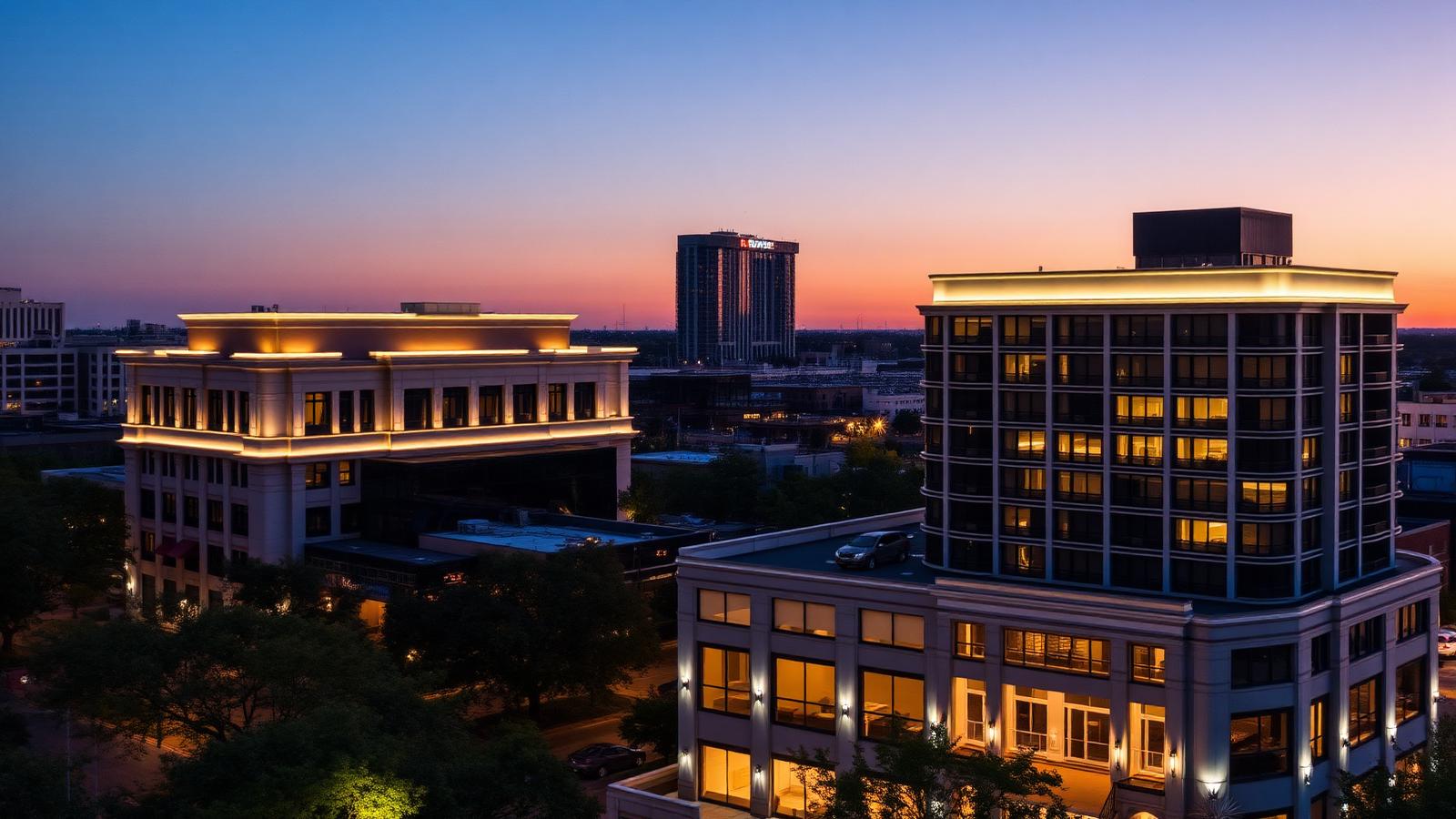 DFW commercial property facade lit with permanent architectural lighting