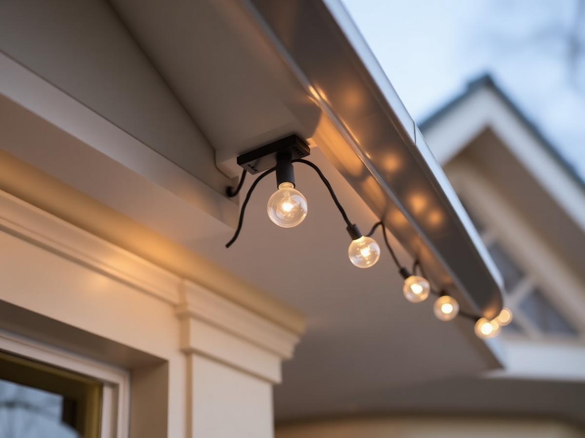 Detail of permanent holiday lighting installation under eave