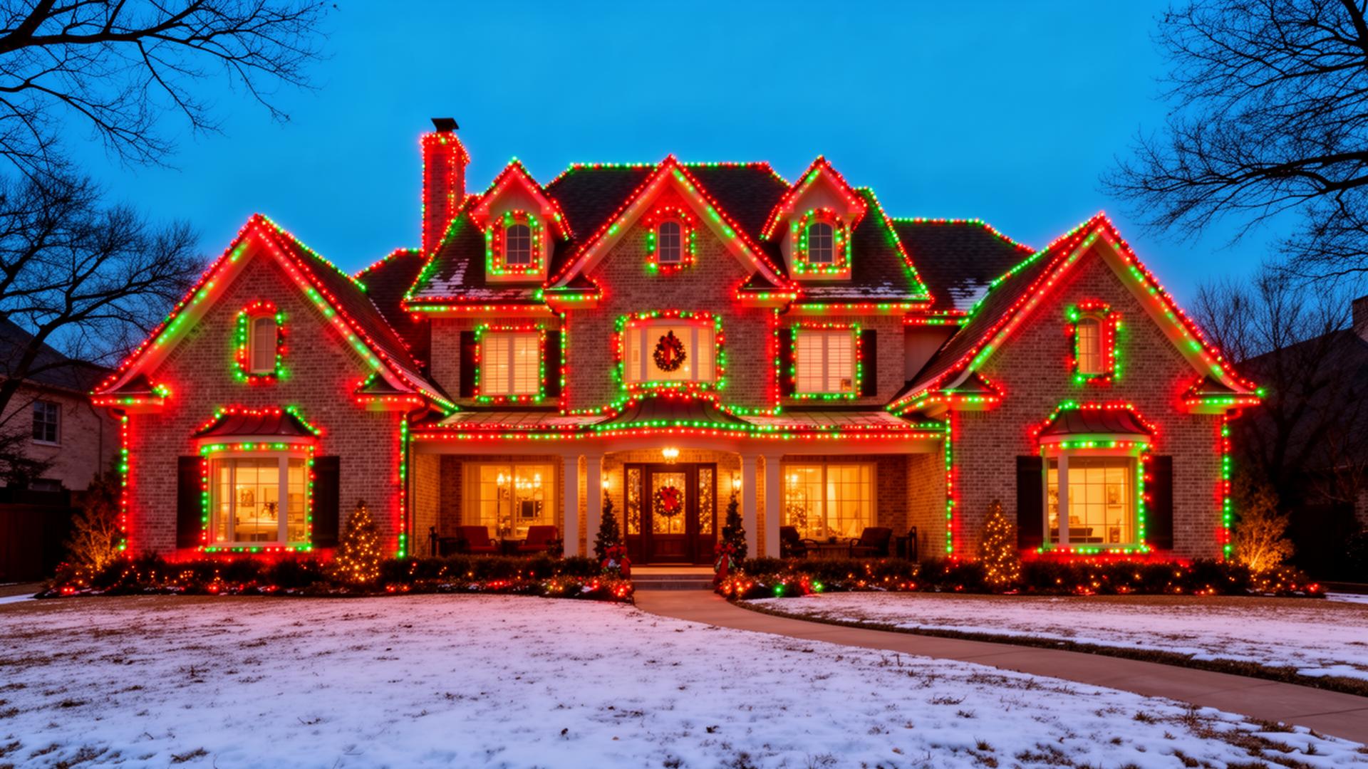 Roofline outlined in warm white permanent holiday lights
