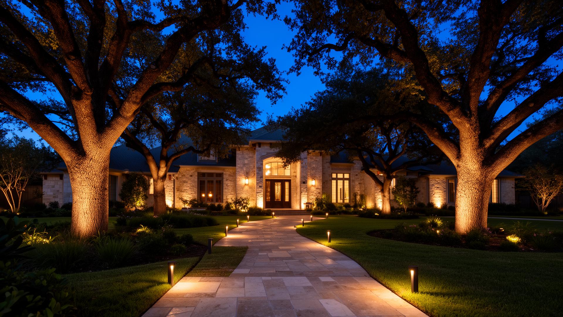 Backyard pool with palm uplighting