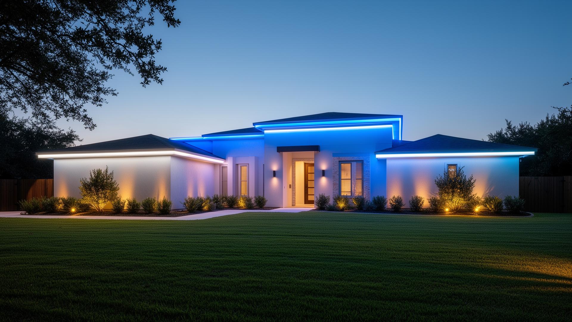 Brick home with red and green Christmas lighting