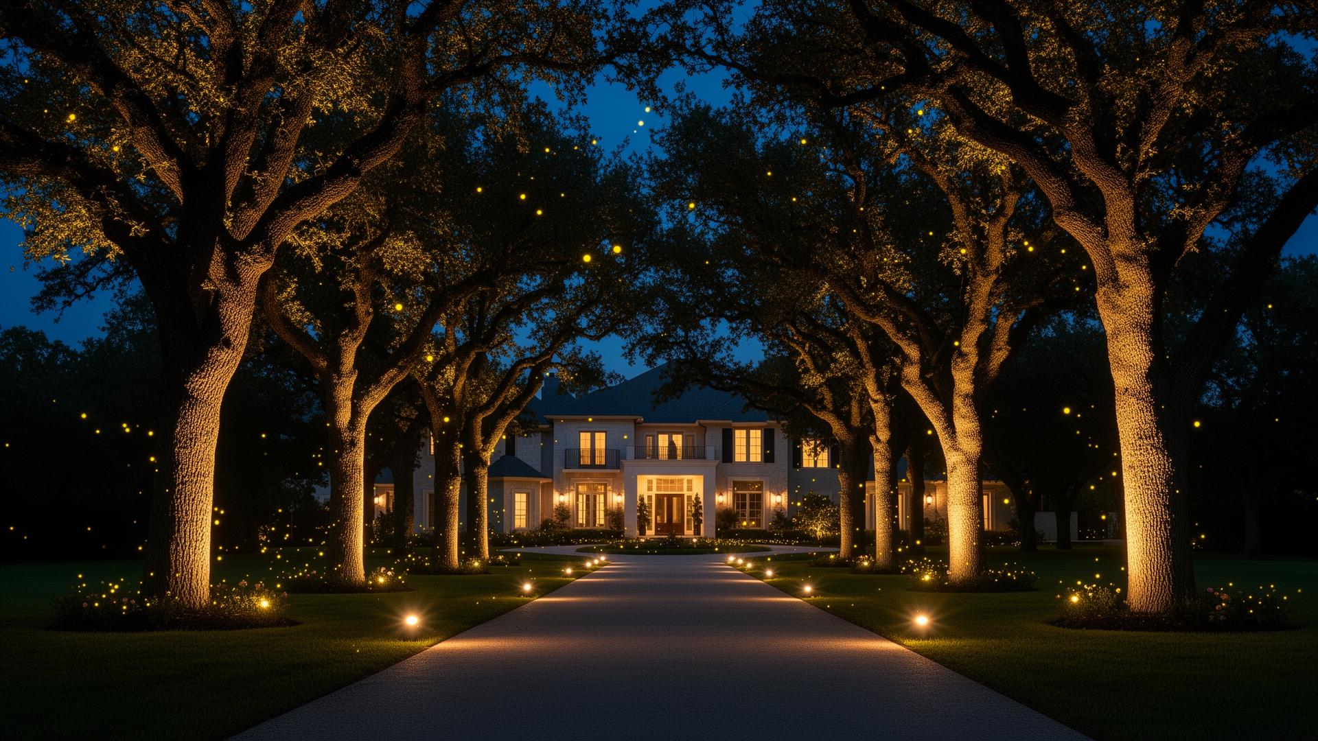 Driveway with path lighting and uplit oaks