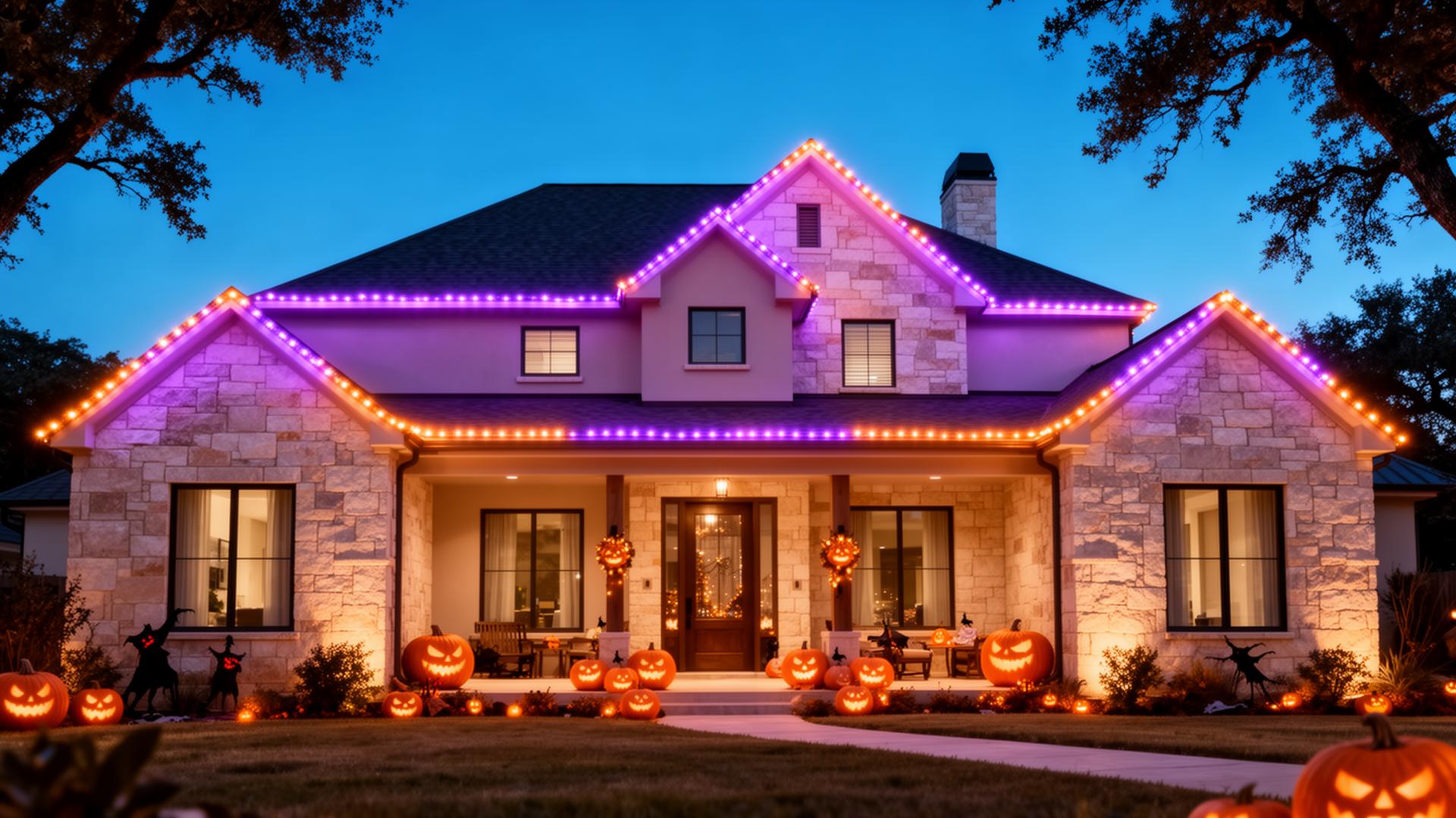 Modern home with patriotic red, white, and blue lighting