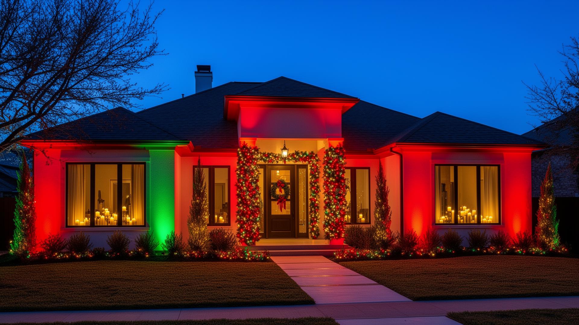 Frisco transitional home outlined in vivid red and green permanent Christmas lighting with lit garland on entry columns