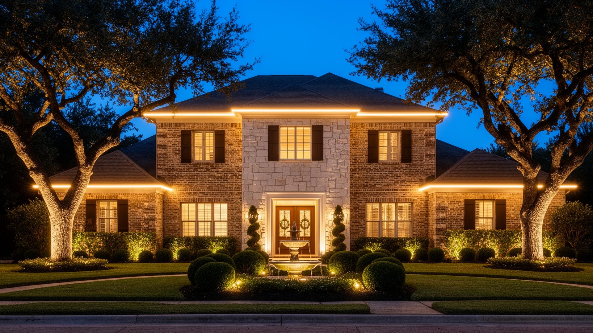 Two-story DFW stone-and-brick estate outlined in warm-white permanent roofline lighting with uplit oaks and lit fountain at twilight