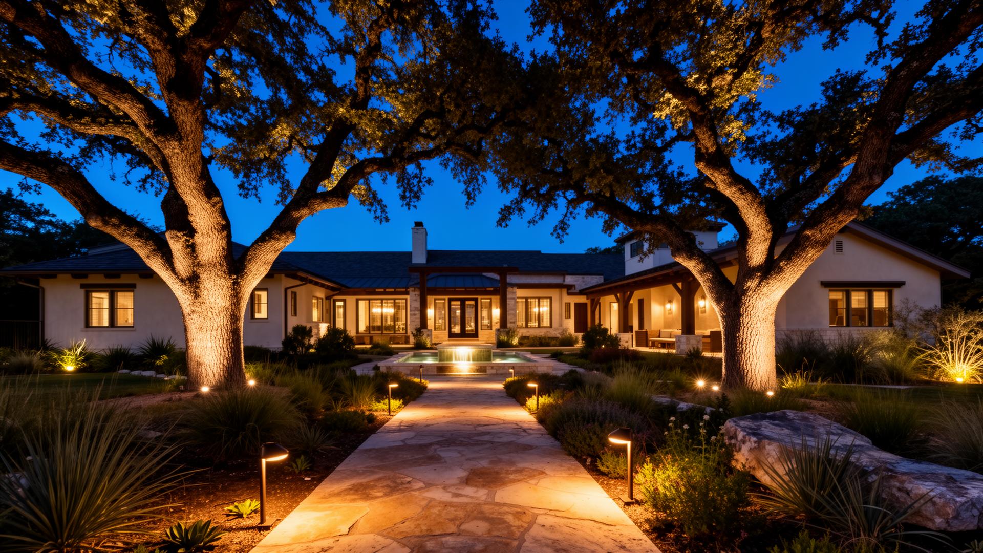Texas Hill Country estate with warm landscape uplighting on mature oak trees and path lights along a flagstone walkway at twilight