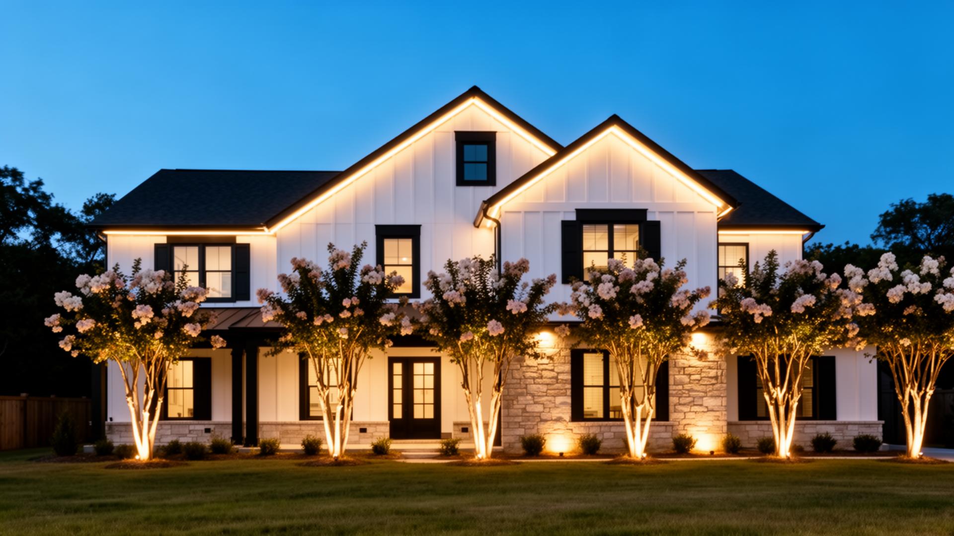 DFW modern farmhouse at twilight with permanent warm-white LED roofline lighting and landscape uplighting on a row of crepe myrtle trees