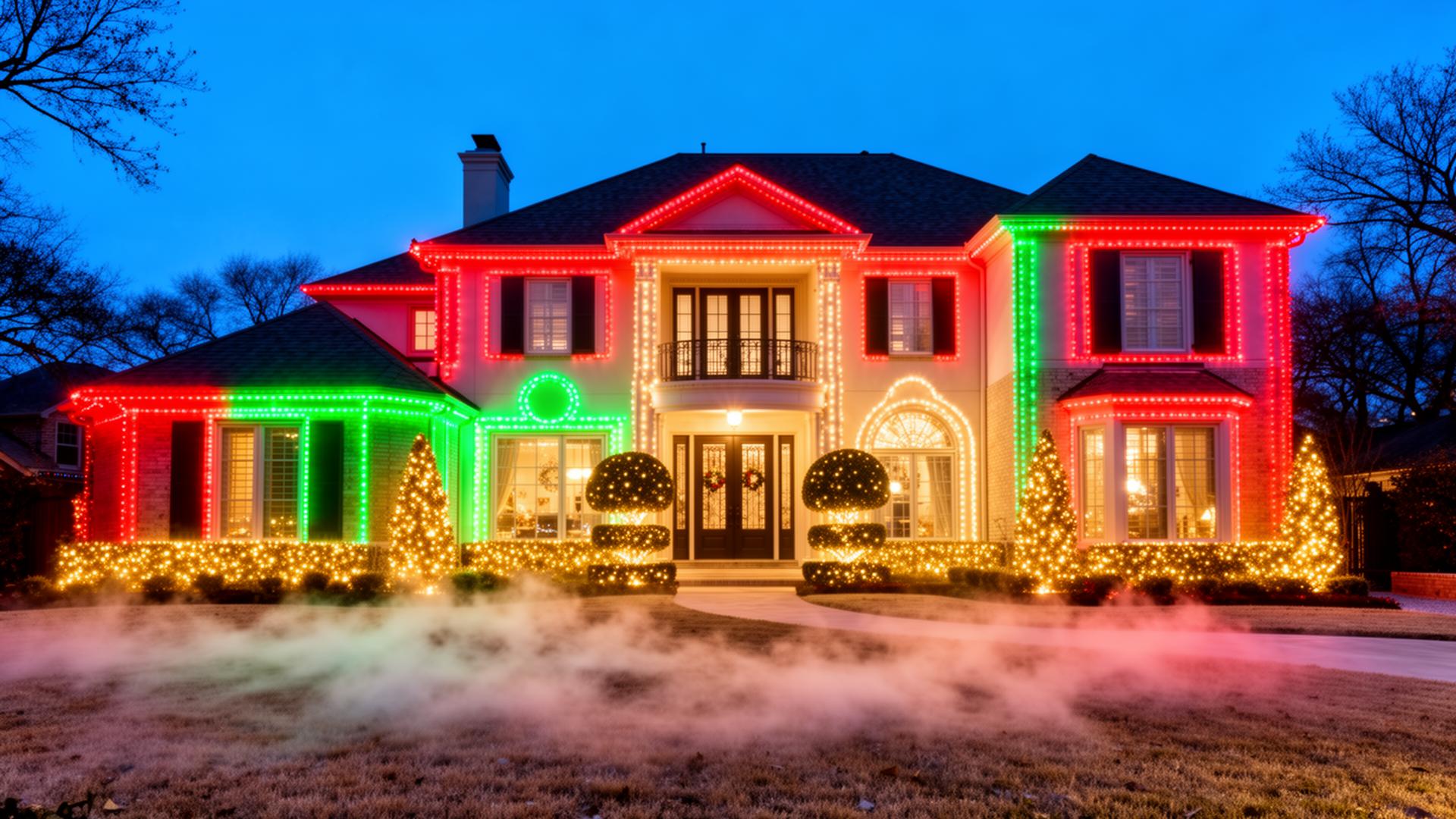 Plano Texas two-story estate at twilight outlined with vivid multi-color permanent Christmas lighting in red, green and warm white with lit topiaries flanking the entry