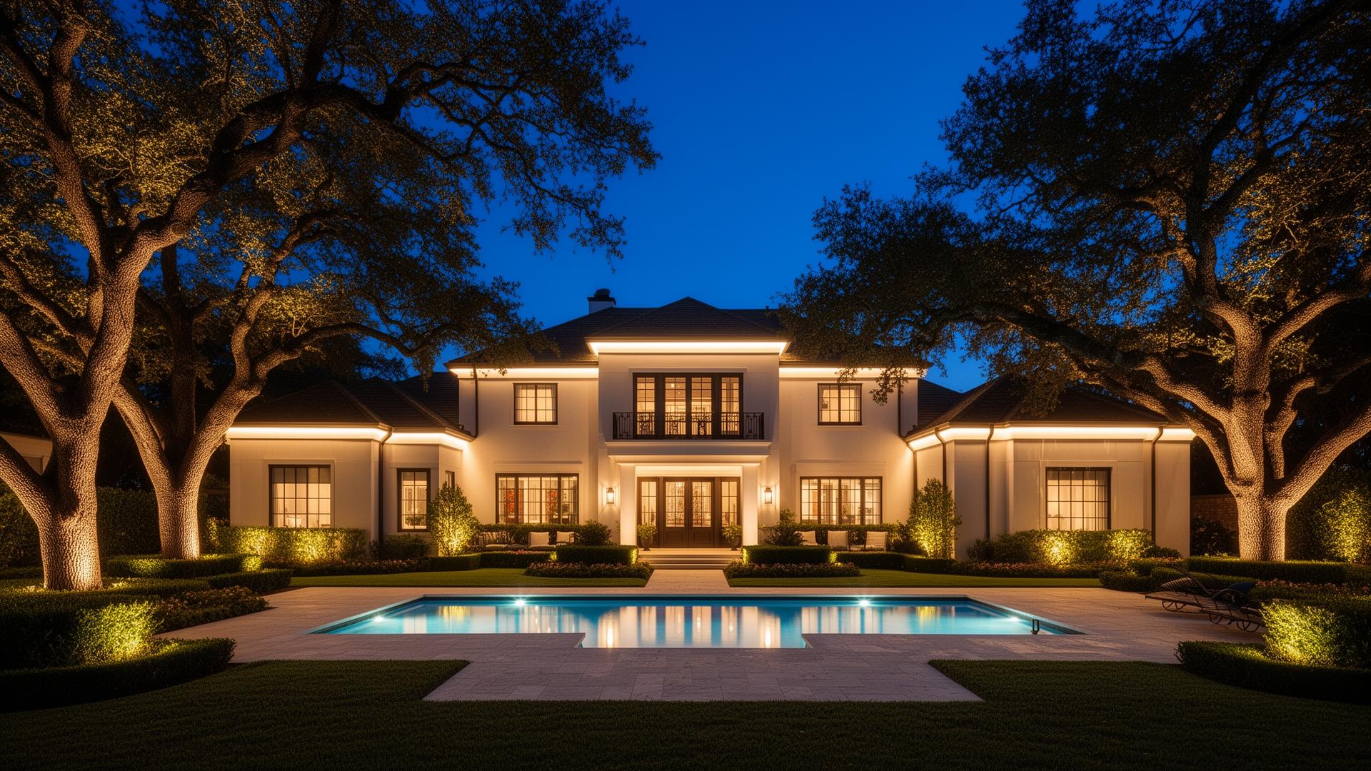 Southlake estate at twilight with warm-white permanent roofline lighting, uplit oak trees, and illuminated outdoor pool