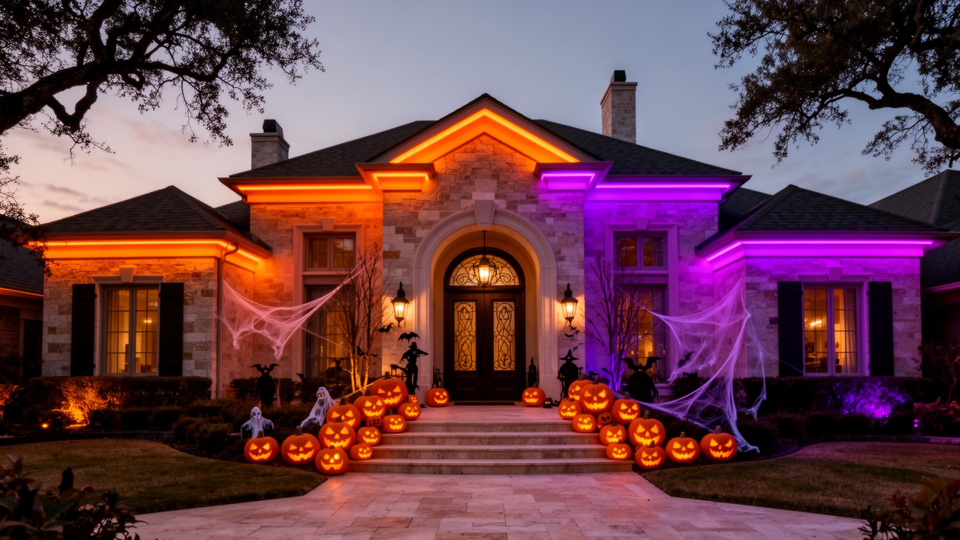 Stone home in orange and purple permanent lighting for Halloween with jack-o-lanterns