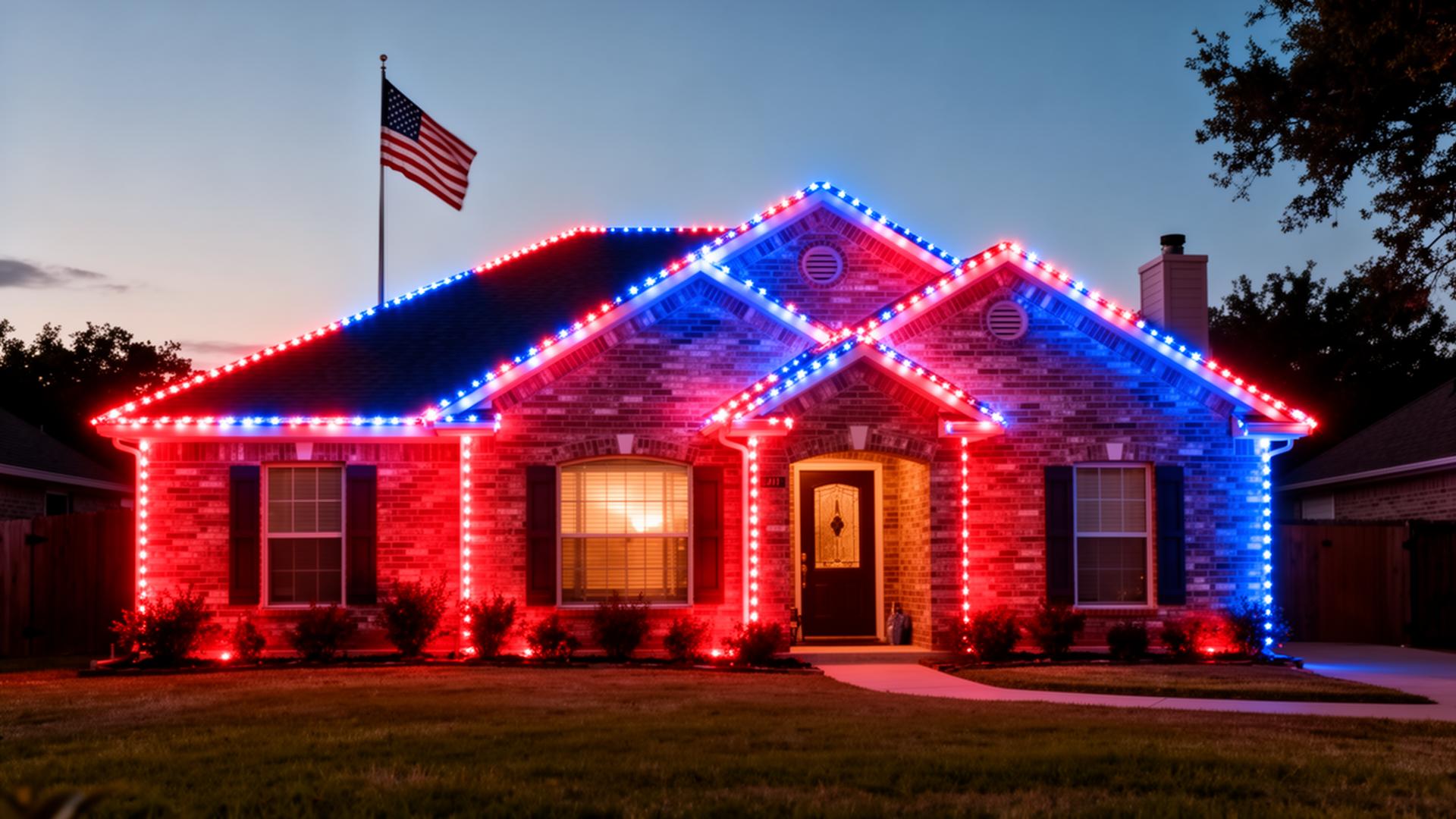 Brick home in patriotic red, white, and blue permanent lighting for July 4th