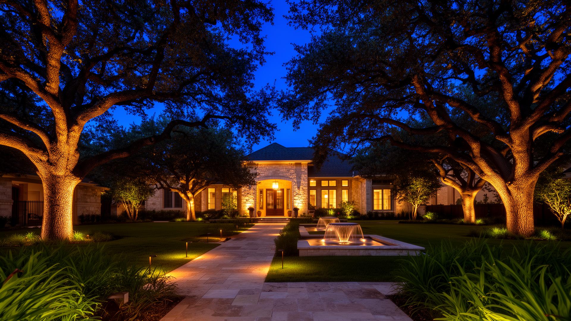 Texas estate with layered architectural landscape lighting