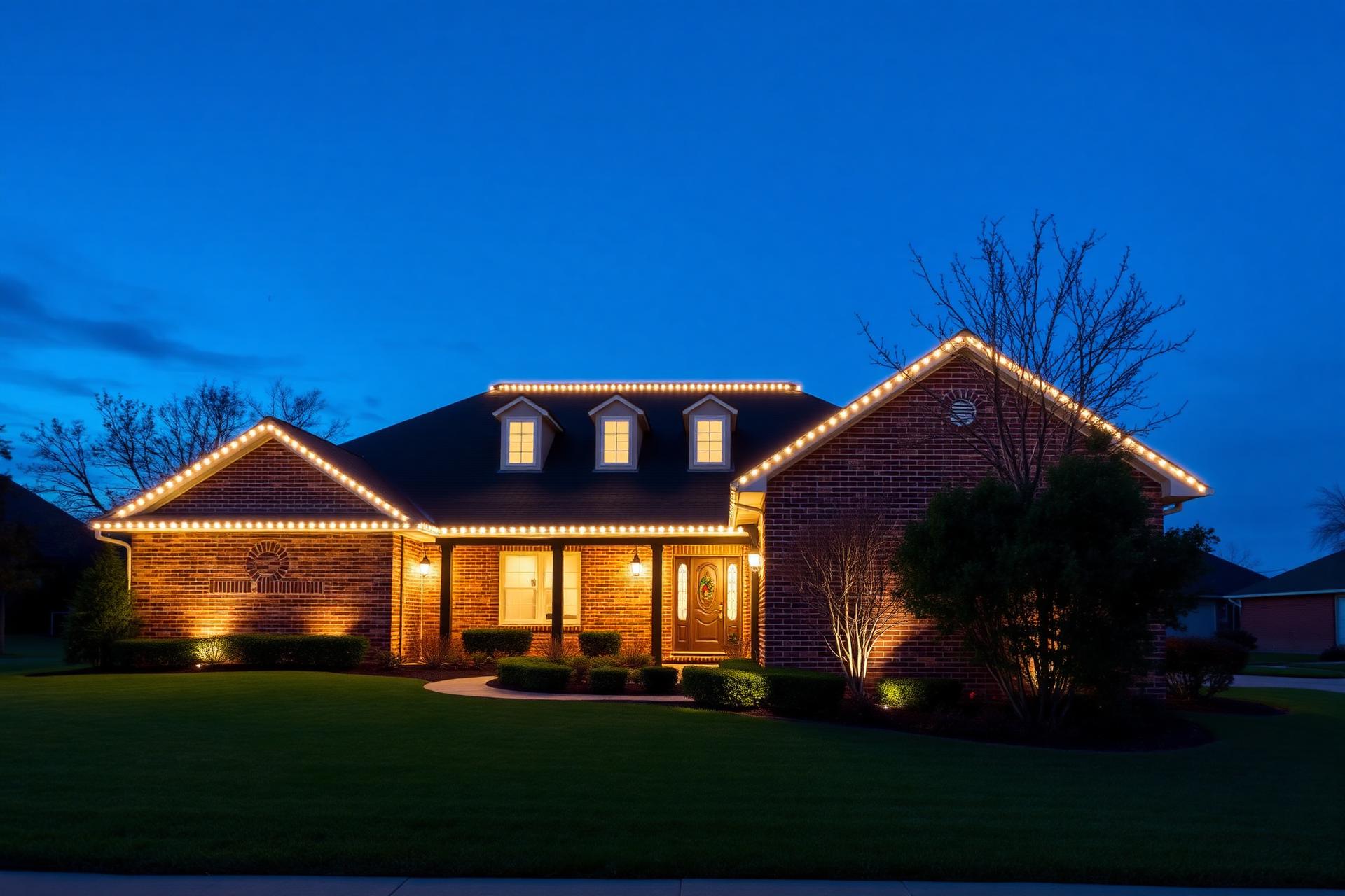 One-story DFW brick ranch with permanent holiday lighting at twilight