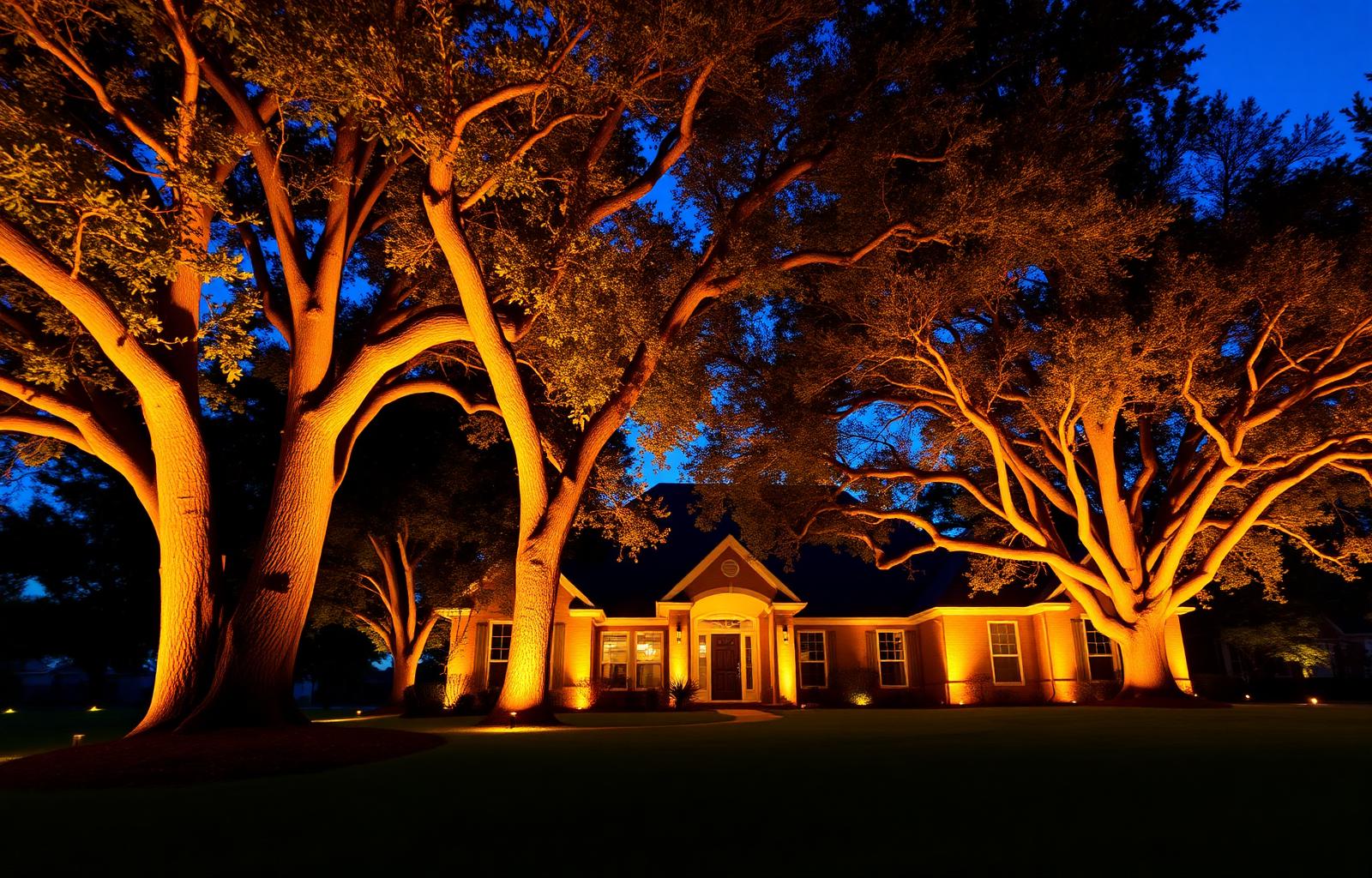 Mature live oaks uplit with brass landscape fixtures